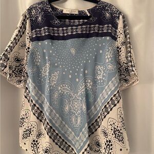 Sandro Bandana Print Navy and Light Blue Paisley Silk Blouse